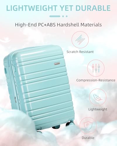 Image of LARVENDER Carry on Luggage 22x14x9 Airline Approved, 20 Inch Hardside Suitcase with Wheels TSA Lock, PC+ABS Lightweight Travel Luggage Sets for Women, Glossy Sky Blue, 3 Piece Set