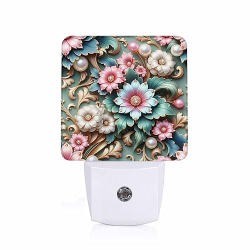 Image of LED Night Light Lamp with Smart Sensor Dusk to Dawn Sensor,Floral Pink and Blue Flowers with Pearls Leaves Night Light Daylight White,0.5W Plug-into Wall for Adults,Bedroom,Hallway,Kitchen