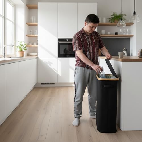 Gelber Sack Ständer 80L – Müllsackständer für Gelbe Säcke 62×90 cm – stabiler Gelber Sack Halter mit fixierendem Metallring – Rückseiten-Reißverschluss – faltbarer Müllsackhalter mit Bambusrahmen