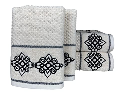 Image of SENSES By Riba Cotton Embroidered Towel Set, 550 GSM Soft & Absorbent, Antimicrobial, Oeko-Tex Certified | Ideal for Home & Gifting, Pack of 4 (2 Bath 27 inchX50 inch + 2 Hand Towels 16 inchX26 inch) - Style 3