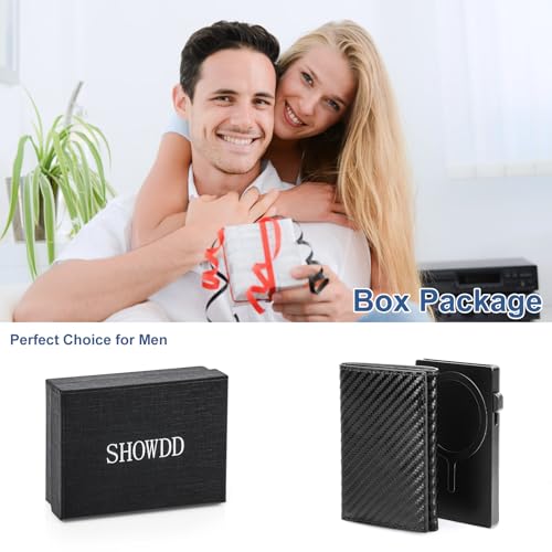 Showdd MagSafeウォレット磁気カードホルダー、RFIDブロッキングフリップ三つ折りレザーカードスロット、ポップアップウォレット、取り外し可能、自由に組み合わせ可能、MagSafeの携帯電話とケースに適合, カーボンブラック2025, ミニマリスト。