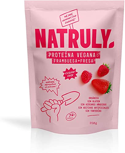 NATRULY Proteína Vegana BIO Fresa y Frambuesa, 76% Proteína, 100% Natural Sin Azúcar, Sin Gluten, Sin Lactosa, Sin Soja -350g Cover