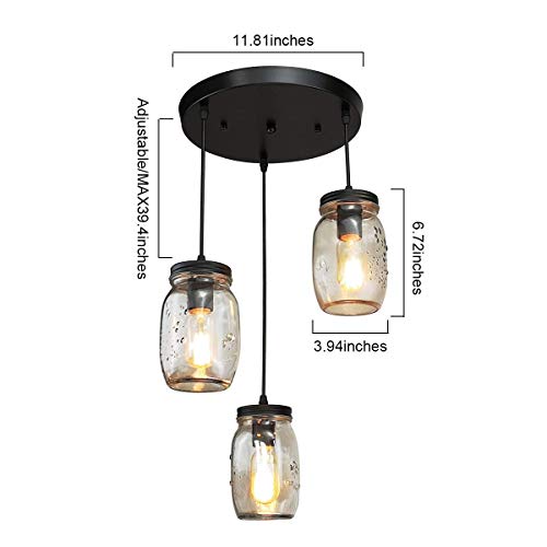 Lmsod Kitchen Island Light,3 Lights Adjustable Pendant Lighting,Glass Mason Jar Hanging Lamp #TOP2