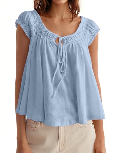 Image of Tankaneo Women Summer Tie Front Tank Tops Cap Sleeve Pleated Babydoll Tops Casual Loose Fit Going Out Flowy Shirt
