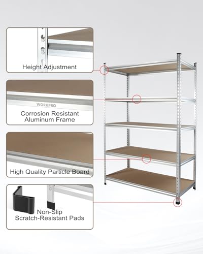 Image of WORKPRO 5-Tier Aluminum Alloy Shelving, 48 inchW x24 inchDx72 inchH, 2750LBS Capacity | Durable Aluminum Alloy, 2750LBS Load Capacity, Adjustable for workshop, garage, 3D printer station