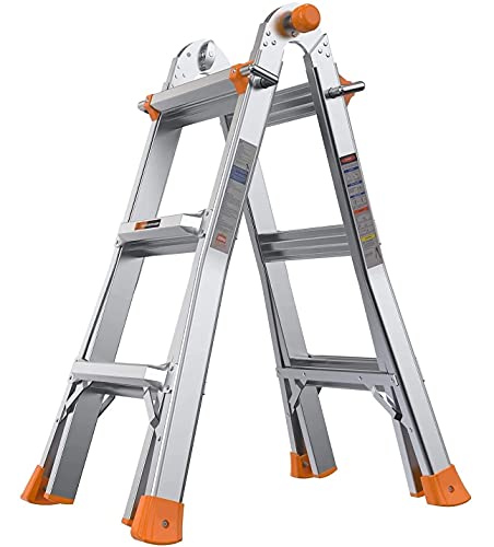 Folding Ladder, 13 ft Aluminum Extension Ladder with 300 lbs Load Capacity, Portable Ladder with Non-Slip Rubber feet, Multi-Position, Smart Utility, Ideal for Working Indoor/Outdoor