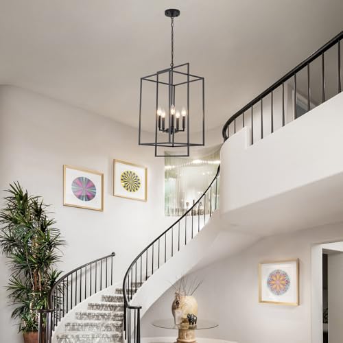 Bedoxin Black Farmhouse Chandelier, Extra Large Foyer Lighting Fixtures 14.17" Lantern Pendant Light, Industrial Foyer Chandelier for Staircase Entryway Hallway Kitchen, Lacquered Black 5 Lights by Bedoxin - Image 2