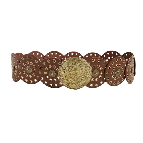 Women Hollow Disc Belt Wide Boho Concho Leather Belt Western Cowboy Belt Metal Vintage Belt Y2k Aesthetic Belts