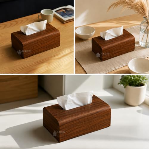 Image of Wooden Tissue Box| Rosewood Napkin Box| Tissue Holder Organizer for Table, Home, Office, Car| Rectangular Facial Paper Cloth Storage Case| Dispenser (9X5 Inches, Rosewood Edgy)