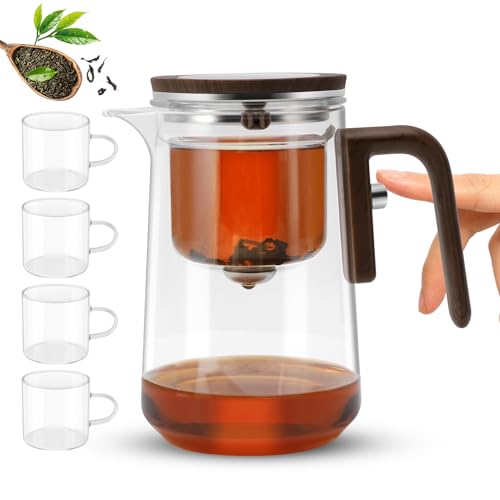 Juego de tetera de cristal mágico, tetera dividida con tazas de té, tetera con relleno de agua y colador, tetera de vidrio mágico prensado para bienestar y té de la tarde (800 ml con tazas de té