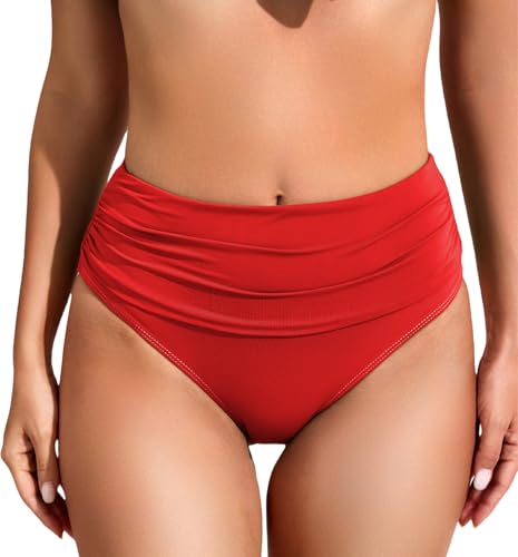 Image of COCOPEAR Full Coverage Bikini Bottoms for Women Mid Rise Bathing Suit Bottoms for Women Ruched Tummy Control Swim Bottoms
