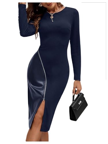 Image of SOLY HUX Women's Patchwork Leather Zipper Dress Crew Neck Long Sleeve Split Hem Elegant Bodycon Dress