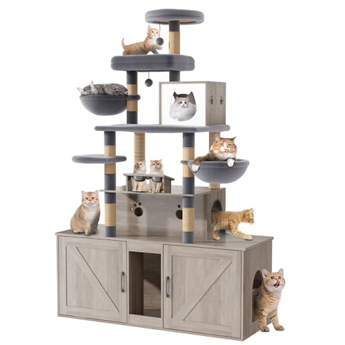 Image of HavenlyYouth Cat Tree with 2 Litter Box Enclosures, All-in-One Cat Tower, Cat Condo with Sisal Scratching Posts, Hammocks, Detachable Plush Ball, Wooden Cat Furniture with Large Platforms, Grey
