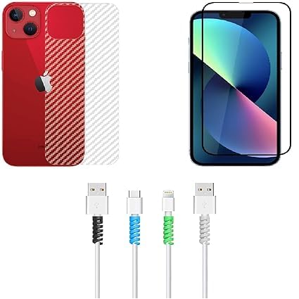 Image of Original USA Compatible for iPhone 13 /14 /15 Tempered Glass Skin Ultra Thin Slim Fit Clear Transparent 3D Carbon Fiber Back Skin with Cable Producter for (iPhone 13 /14) Send Mix Color (APR23)