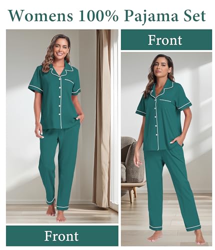 Image of CF Womens 100% Cotton Pajamas Set Button Down Pjs Sets Short Sleeve Top & Long Pants Sleepwear Comfy Loungewear with Pockets