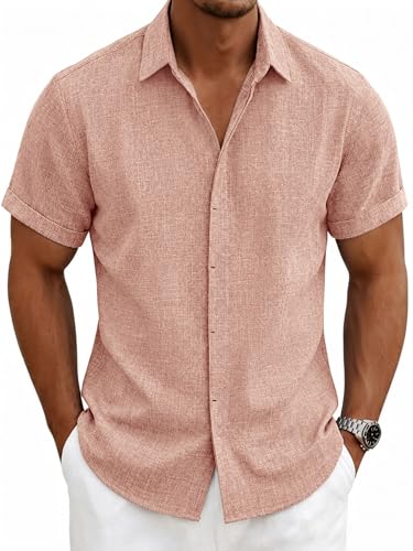 Ficovis Button Up Shirt for Men Short Sleeve Summer Untucked Linen Dress Shirts Wrinkle Free Button Down Casual Stylish Nice Shirt Regular Fit Lightweight Breathable Wrinkle Resistant Size L Tall