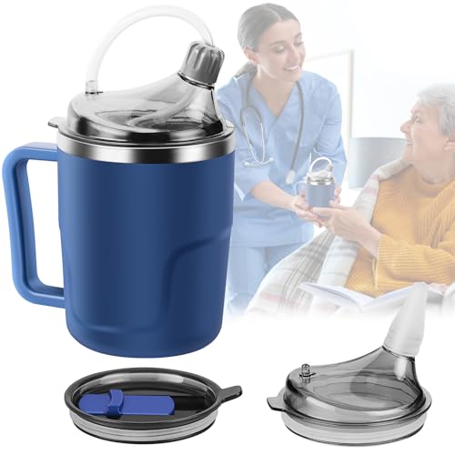 AKIMRABY Adult Sippy Cup, 14oz Spill Proof Cup with Straw for Elderly, 3 in 1 Stainless Steel Sippy Cup with 2 Lids, No Spill Feeding Cups for Patient Disabled Maternity Drink Water Milk Soup - Blue