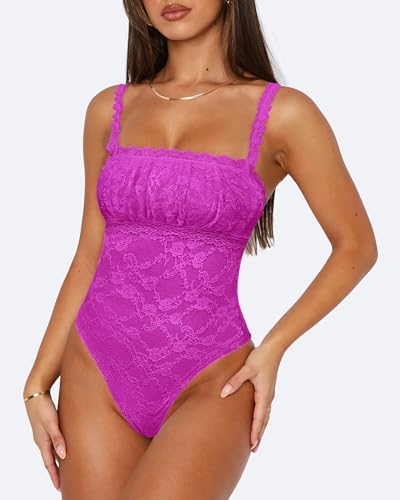 Saslax Women's Sexy Square Neck Lace Sleeveless Bodysuit Tank Tops Double Lined Body Suit Thong Outfits