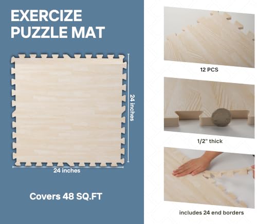 Image of Art3d 48 Sq.Ft Eva Puzzle Exercise Mats, 24 inchx24 inch x 1 /2 inch Thick Foam Interlocking Tiles for Flooring, Workout, Gym Equipments, Pack of 12, White Oak