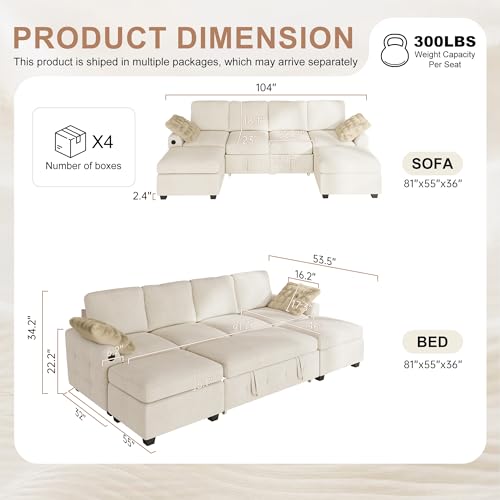Image of Hanherry 104 inch Sectional Couch with Pull Out Sofa Bed,Chenille Sleeper Sofa with Storage Ottoman & USB Charging,Comfy U Shaped Modular Couches for Living Room,Apartment