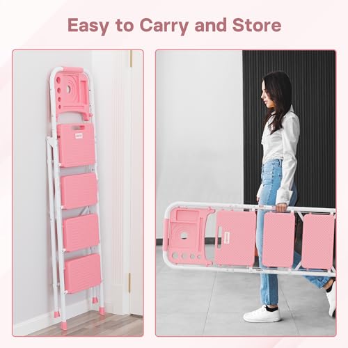 Image of BONTEC 4-Step Ladder, Folding Step Stool with Tool Platform, Wide Anti-Slip Pedals, Max Load Capacity 400lbs Sturdy Steel Ladder, Lightweight Portable Ladder, Tall Step Ladder for House Use, Pink