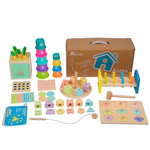 Image of Adena Montessori Play Kit for 13-18 Month Baby,8 in 1 Toy,Colorful Stacking&Nesting Cup,Coin Bank,Coins,Carrots Lid,Carrots,Posting Lid,Flexble Stacker,Bead Kit,Shape Puzzle,Pound&Tap Hammer Bench
