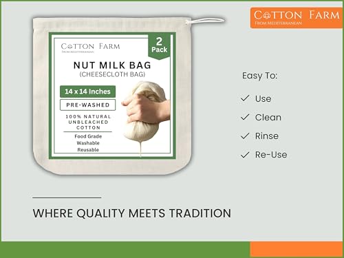 Image of Cotton Farm Nut Milk Bag & Cheese Cloth Bag (Ultra Dense), XL 14 x 14 Inch, 100% Unbleached Cotton Cheesecloth for Precise Food Straining, Washable & Reusable