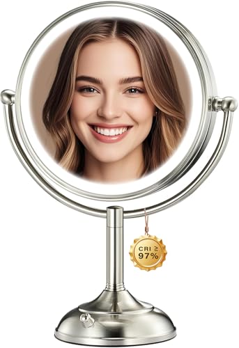 VESAUR 2026 Upgraded 9' Lighted Makeup Mirror, 5000mAh Rechargeable 1X/10X/20X HD Magnifying Mirror with 3 Lights Colors, Brightness Adjustable, 360° Rotation Seamless Vanity Mirror, Nickel, Gift Box