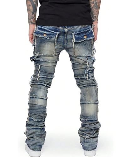 Men's Ripped Slim Moto Biker Cargo Jeans Distressed Stretch Stacked Tapered Leg Pants Washed Hip Hop Trousers2