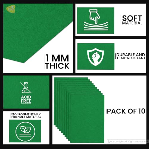 Image of Lakeer A4 Felt Sheets for Craft, Pack of 10, Dark Green, 1mm Thickness, 29.7 x 21 cm, Stiff Felt Fabric for DIY Sewing, Embroidery, Patchwork and School Projects