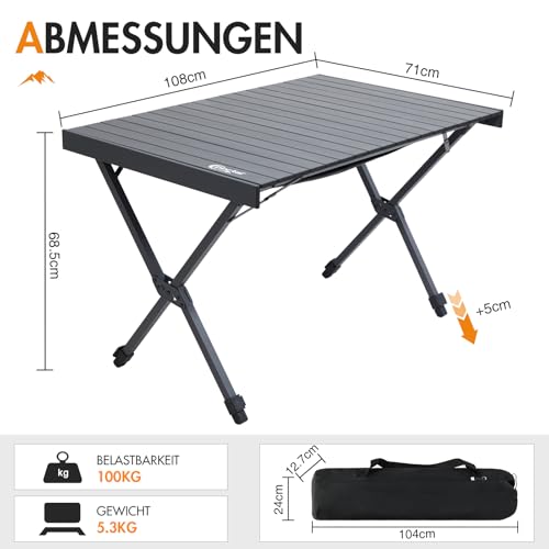 PORTAL Campingtisch faltbar Höhenverstellbar Klapptisch Aluminium 108 x 71cm rollbar Camping Tisch klappbar Falttisch leicht für Picknick Party Garten Wandern Reisen – Bild 3