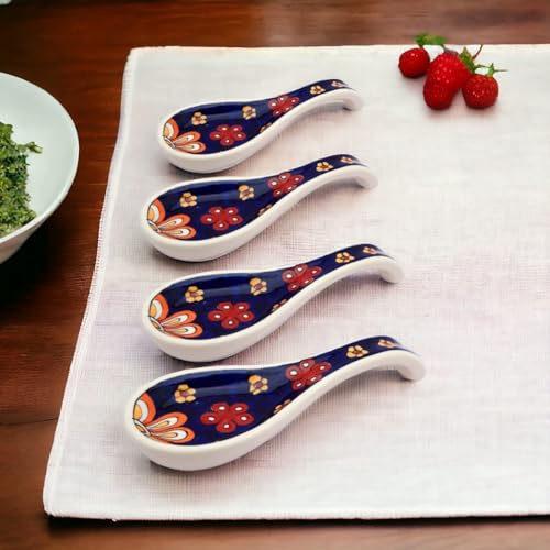 Image of Malaikah Ceramic Spoon Rest Blue Print Pack of 4 for Home, Kitchen, Dining, Kitchen Decor & Gifting