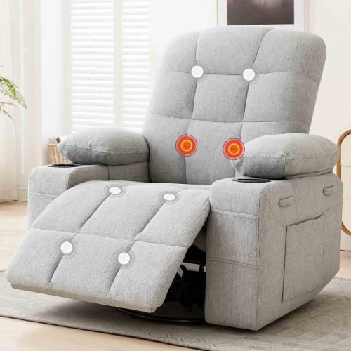 Image of Swivel Rocker Recliner Chair, Recliner Single Sofa with Massage, Manual Nursery Rocking Chair with Side Pockets & Cup Holder, Modern Recliner with Heating for Living Room, Apartment(Gray)