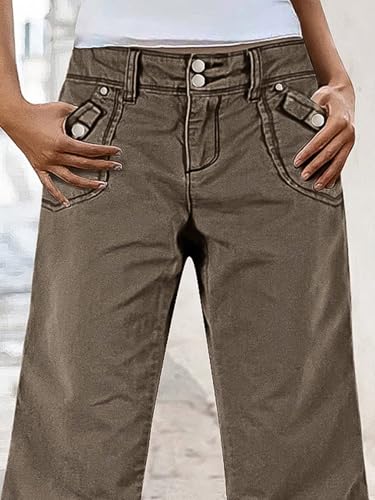 Flamingals Straight Leg Pants for Women Mid Rise Baggy Cargo Solid Dual Button Patch Pocket Casual Pants2