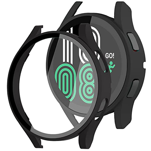 Miimall Funda Compatible con Samsung Galaxy Watch 4 44mm, con Protector de Pantalla Vidrio Templado, PC HD Anti-Scratch Protección Completo Carcasa para Galaxy Watch 4 44mm-Negro Cover