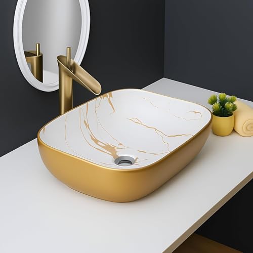 Image of Premium Designer Table Top Ceramic Wash Basin with Slim Rim, Modern Vessel Sink for Bathroom Vanity, Glossy White Countertop Basin, 18 x 13 x 5.5 Inch