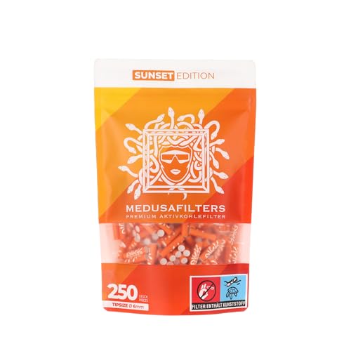 Medusafilters 250 Stück 6mm Ø Slim Premium Aktivkohlefilter mit veganen Fasercaps & Kokos Aktivkohle | Filter mit 25mm Länge made in Germany (SUNSET EDTITION)