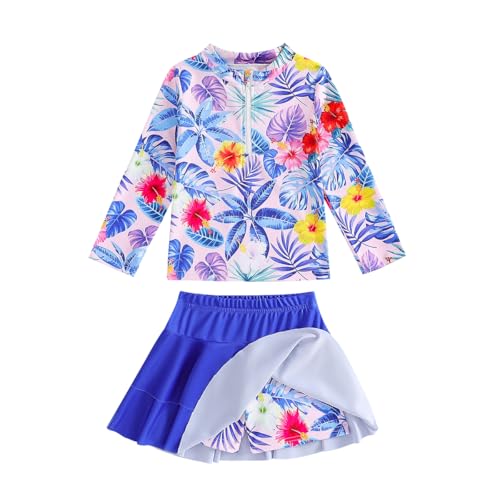 Image of Girls Rash Guard Swimsuit Set UPF 50+ Long Sleeve Two Piece Swimwear Half Zip with Skirt Bottom for Kids 3-10Y