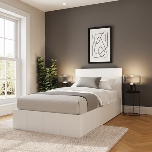 GFW Classic Side Lift Single White Faux Leather Ottoman Bed Storage Bed with Hydraulic Lift and Stitched Headboard