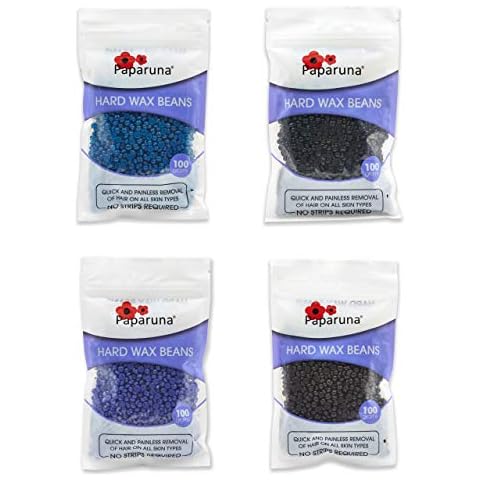 Hard Wax Beans - Four Pack by Paparuna, Chocolate, Lavender, Azulene, Sea Mud. Now with 100 Free Wooden Spatulas - for Hair Removal Bikini/Body/Leg/Back/Face/Chest/Facial/Eyebrow/Nose/Brazilian Cover