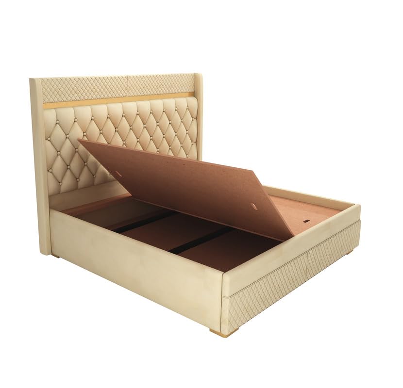 Image of MAMTA DECORATION Solid Wood Queen Size Bed with Box Storage | Premium Velvet Upholstered Tufted Headboard Palang Cot Bed | Modern Wooden Double Bed for Bedroom, Home, Hotel & Guest Room | Beige Finish