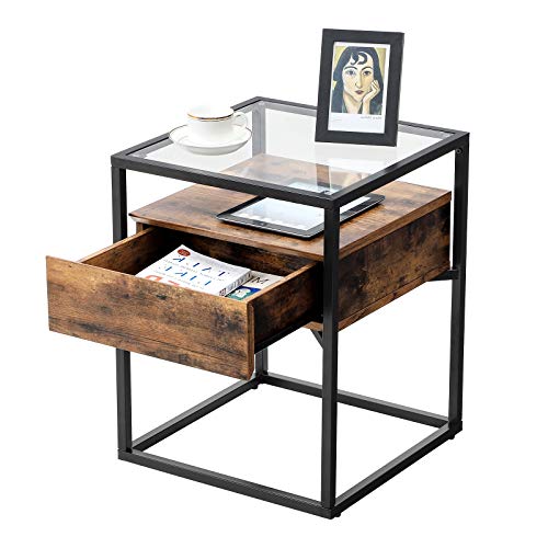 Vasagle Tempered Glass Side Table, Nightstand, With Drawer And Shelf, Decoration In Living Room, Stable Steel Frame, Industrial, Rustic Brown, 16.9”L X 16.9”W X 21.3”H (43 X 43 X 54 Cm) #TOP4