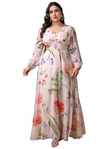 Image of Spring Summer 2024 Plus Size Womens Dresses V Neck Casual Elegant Long Sleeve Floral Print Maxi Dress