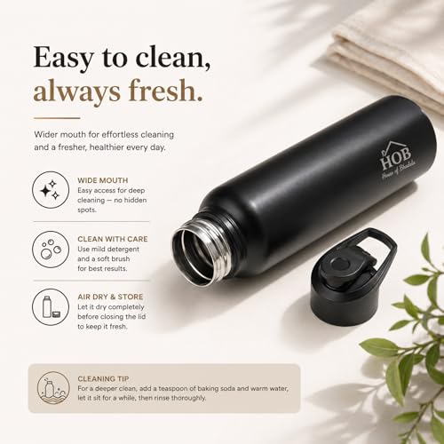 Image of HOB Stainless Steel Water Bottle 1 Litre | Flip Lid Sipper | Leak Proof | BPA Free | Rust Proof | For School, Gym, Office, Travel | Water Bottle for Kids & Adults | 1000ml | (1, Black, Flip Sipper)