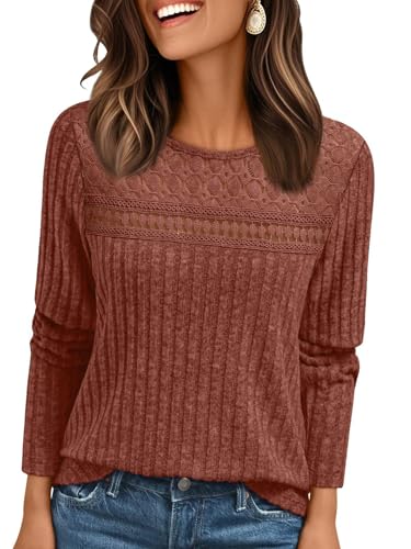 Crsiphee Women Long Sleeve Jumper Crewneck Tunic Cozy Knit Sweater Trendy Casual Lightweight Top Lace Mesh Shirt for Autumn and Winter Caramel M