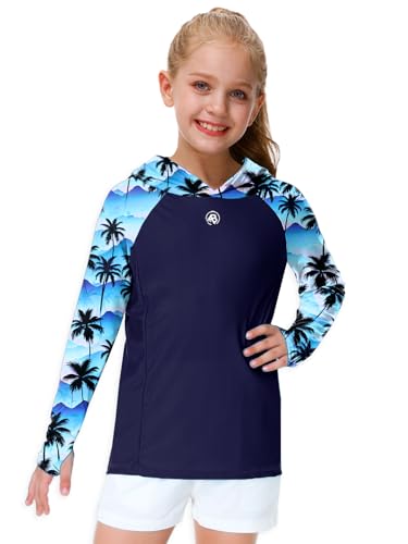 Image of AOBUTE Unisex Kids Long Sleeve Hoodie Rash Guard Boys UPF 50+ Swim Top with Thumb Hole 3-12 Years