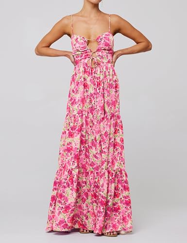 Image of Womens Vintage Floral Long Dress Y2k Spaghetti Strap Tie Back Hollow Out Maxi Dress Summer Beach Party Sundress