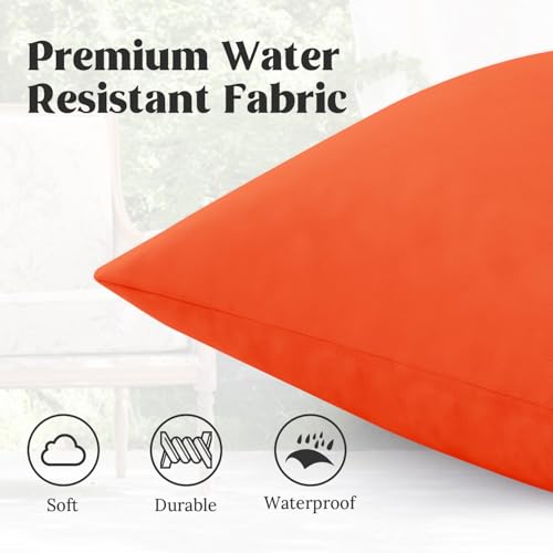 puredown® Outdoor Waterproof Throw Pillows, 16 x 16 Inch Feathers and Down Filled Decorative Square Pillows for Garden Patio Bench, Pack of 2, Orange