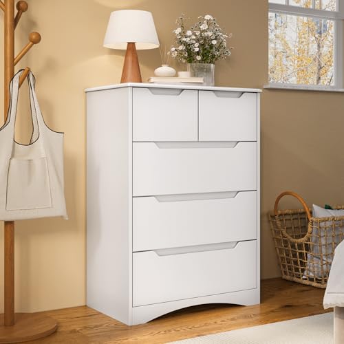 Blishom Kommode mit 5 Schubladen, Kommode für Schlafzimmer, für Büro, Wohnzimmer, Schlafzimmer, Flur, Möbel, 72x41x94 cm, Weiß