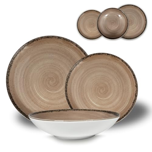 ARCA, Set 18 Piatti Coordinati Pepper in Porcellana Decorata, Servizio per 6 Persone, con Piatti Fondi, Piani e da Dessert, Moderni e Colorati, Lavabili in Lavastoviglie, Color Tortora